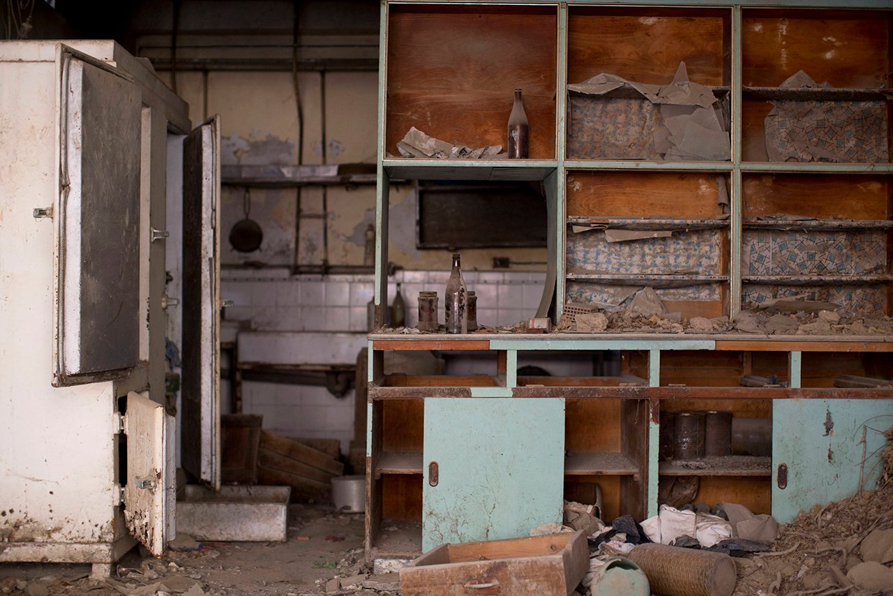 The kitchen of an cafe lies abandoned in the United Nations buffer zone in central Nicosia