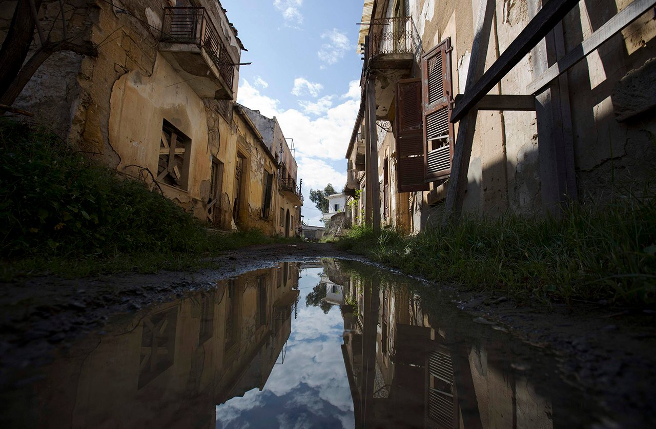 A former residential street lies abandoned in the United Nations buffer zone in central Nicosia