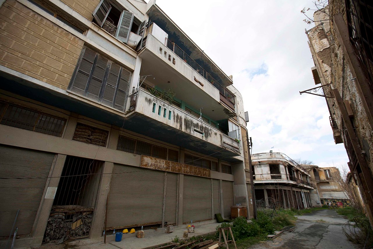 A former commercial street is seen in the United Nations buffer zone in central Nicosia