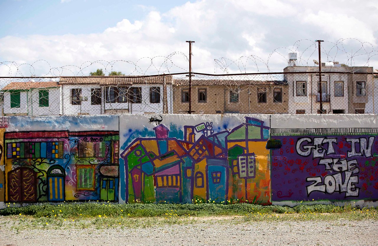 A wall marking the boundary of the United Nations buffer zone is seen from the Greek Cypriot-controlled area of central Nicosia