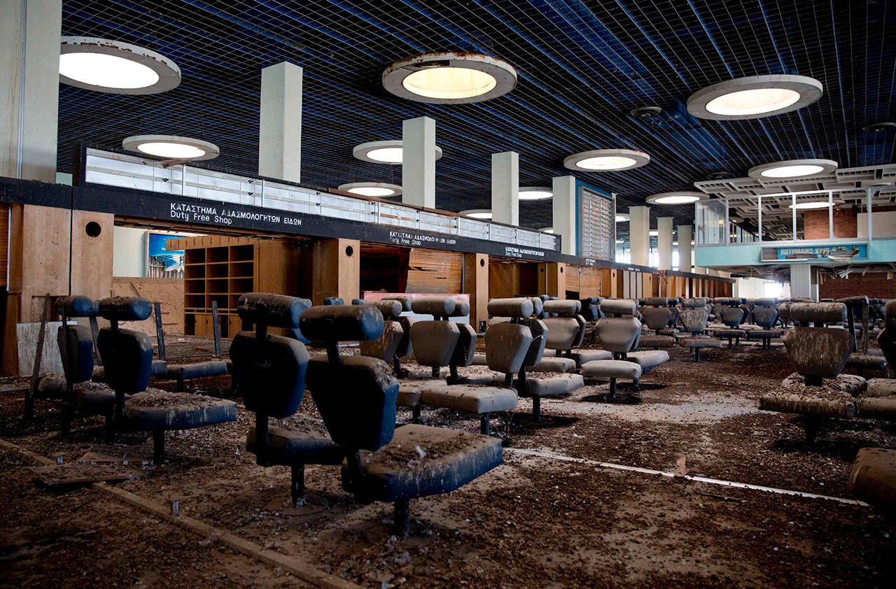 The passenger departure area is seen at the abandoned Nicosia International Airport near Nicosia