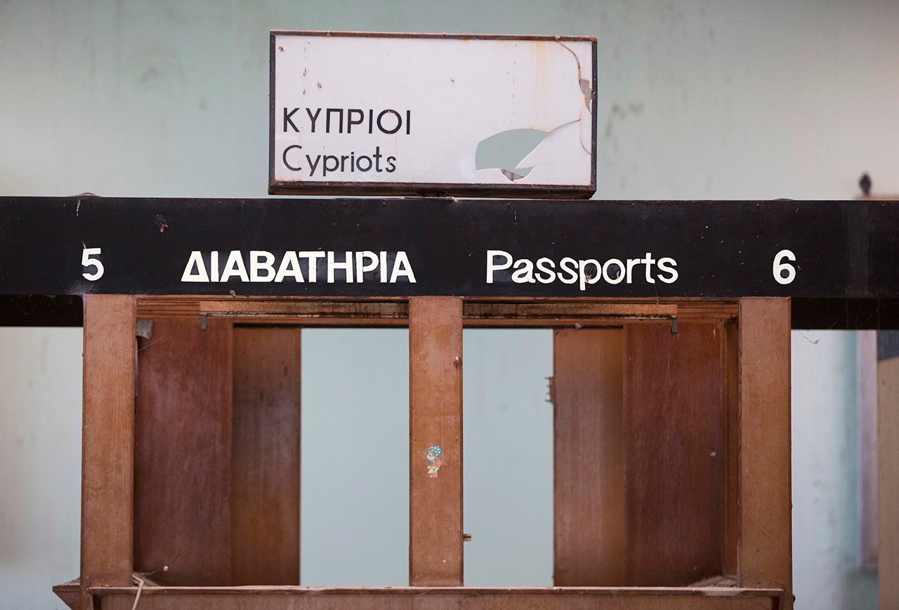 Immigration counters are seen at the abandoned Nicosia International Airport near Nicosia