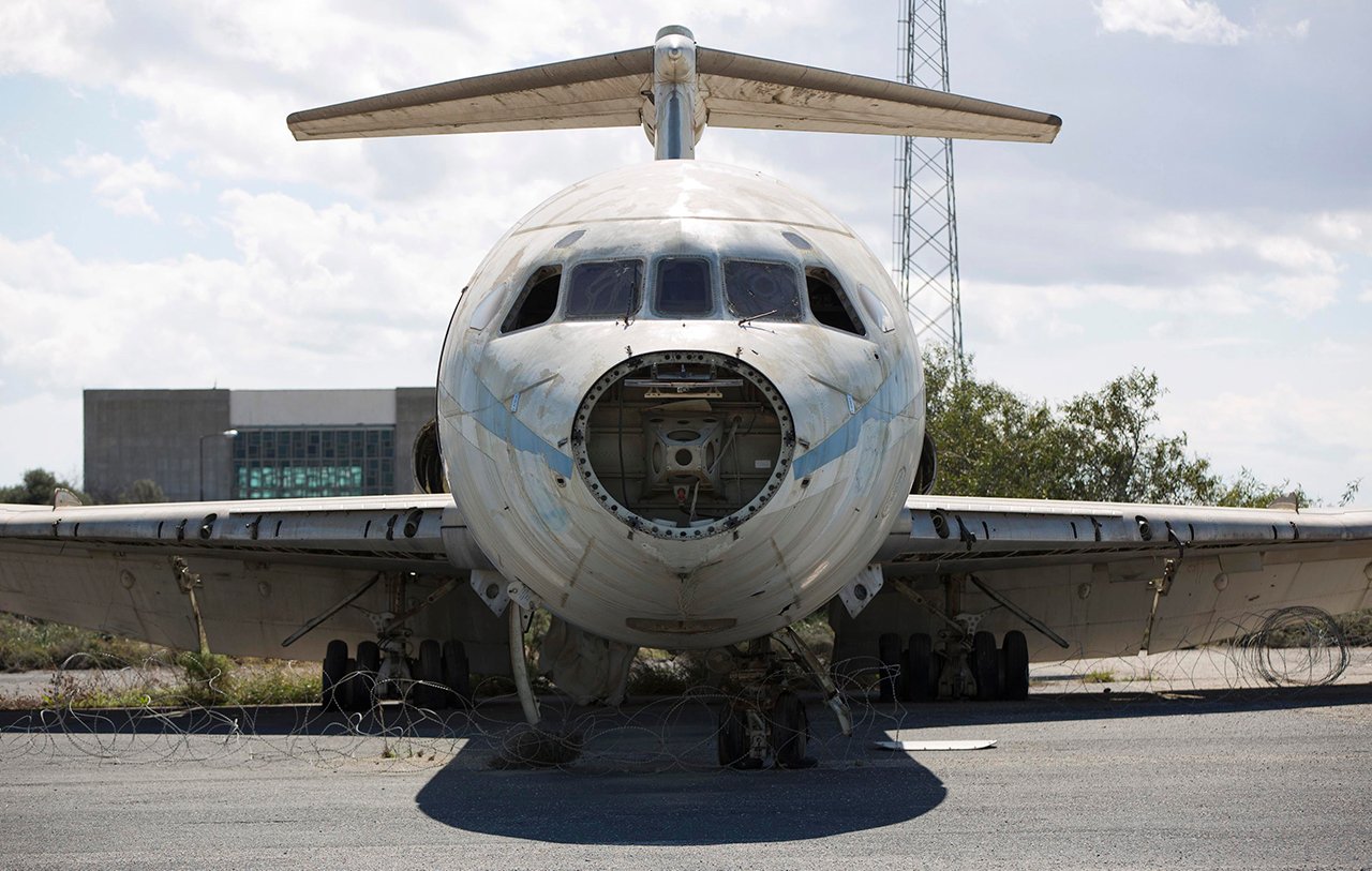 A Cyprus Airways passenger jet stands in the abandoned Nicosia International Airport near Nicosia