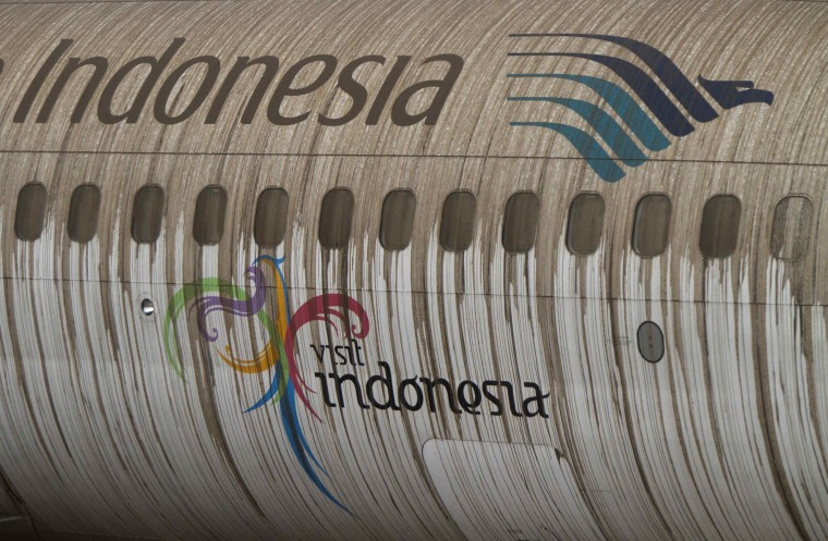Ash from Mount Kelud covers a Garuda Indonesia airplane at Adi Sucipto airport in Yogyakarta