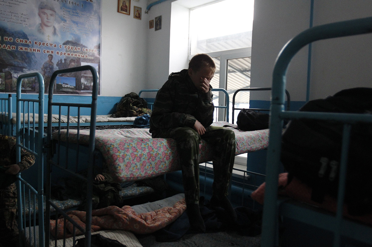 Students from the General Yermolov Cadet School wake up during a two-day field exercise near the village of Sengileyevskoye