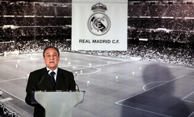 Real Madrid's president Perez speaks during a news conference at Santiago Bernabeu stadium in Madrid