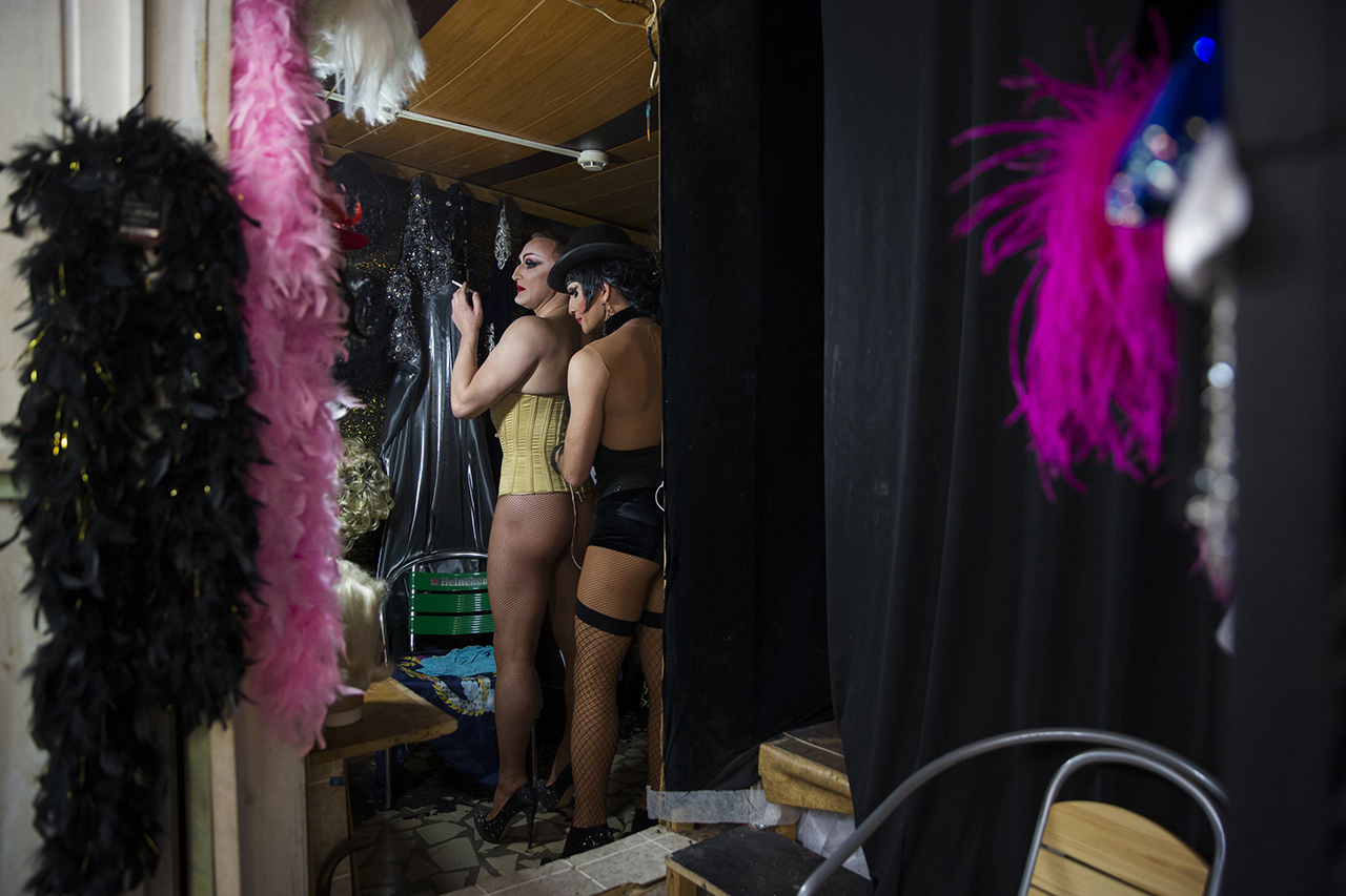 Performers prepares to take part in a drag queen show backstage at Mayak, a gay cabaret club in Sochi, south western Russia